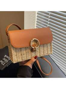 Summer Beach Bag For Seaside Vacation, Woven Women's Box Bag, Small Square Bag, Casual, Versatile, Single Shoulder, Crossbody Bag, Beach Bag (Beige) - 米色 - 查看 3