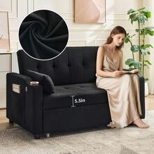 3 In 1 Convertible Sleeper Sofa Bed, Corduroy Futon Couches With Pull-Out Bed, Adjustable Backrest & Side Pockets, Modern Upholstered Sofa For Living Room, Guest Room - 黑色 - 查看 6