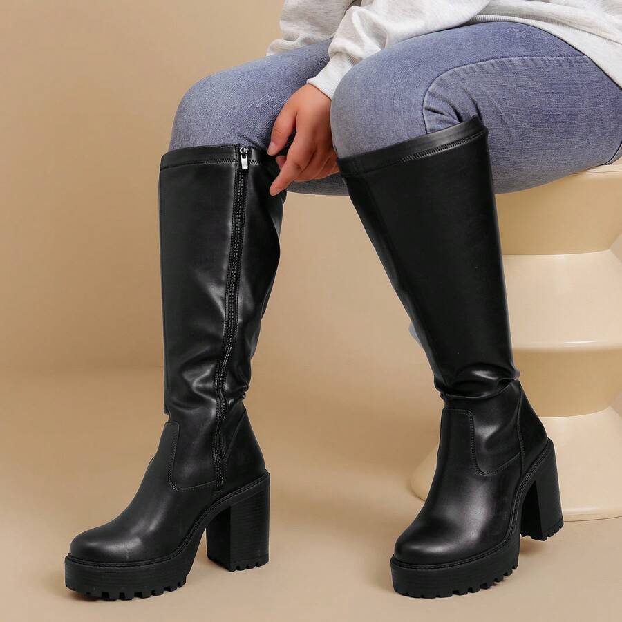 Women's Extra Wide Calf Knee High Boots True Wide Width Platform Chunky Heeled Gogo Boots Rounded Toe Block Heel Tall Boot For Women. - Đen Pu - Xem 1