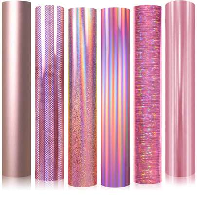 Rose Gold Holographic Permanent Vinyl, Iridescent Brushed Permanent Vinyl, 6 Sheets Rose Adhesive Vinyl, For DIY Cups, Home, Auto, Holiday Decor, 12" X 10"