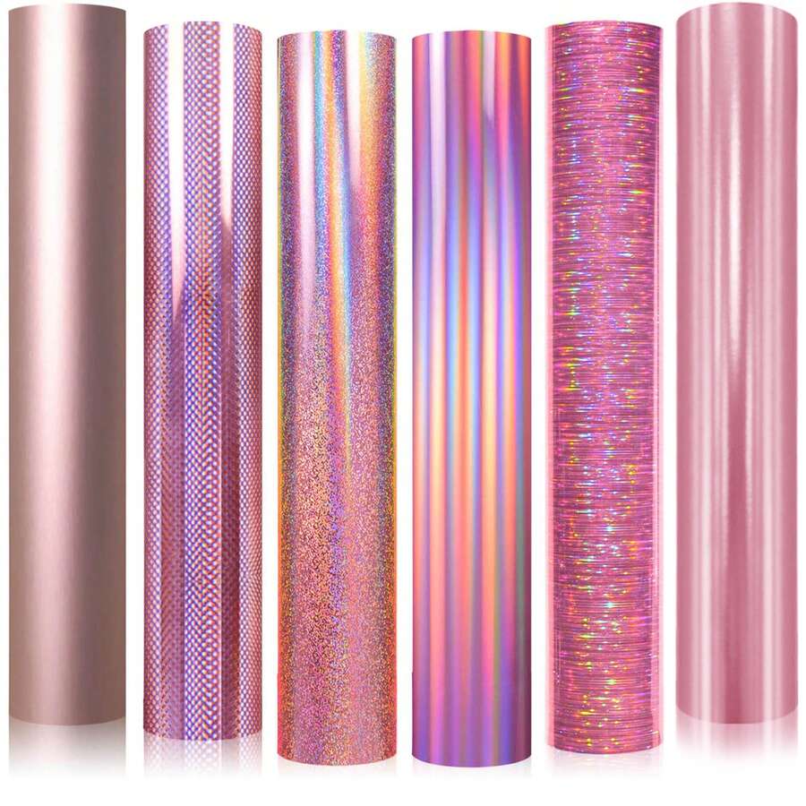 Rose Gold Holographic Permanent Vinyl, Iridescent Brushed Permanent Vinyl, 6 Sheets Rose Adhesive Vinyl, For DIY Cups, Home, Auto, Holiday Decor, 12" X 10" - Vàng hồng - Xem 1