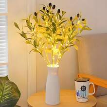 1 Stück künstlicher Olivenkranz mit LED-Lichterkette, Lichterkette, künstliche grüne Stiele, künstliche Olivenzweige, künstliche Blumen, Heimdekoration, Dekoration, Garten, Wohnzimmerdekoration, Vase Füllung, Hausdekoration, UV-geschützte künstliche Blätter, grüne Blätter, geeignet für Ostern, Raumdekoration Zubehör