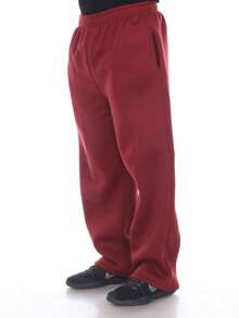 Large Size Men's Fleece Open Leg Sweatpants With Soft Lining And Pockets - 酒紅色 - 查看 3