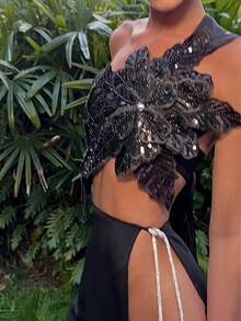 Women Asymmetrical 3D Flower Crop Cami Sparkly Glitter Sleeveless Bandage Tank Top Elegant Y2K Party Streetwear - 黑色 - 查看 4