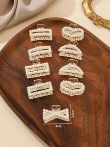 9pcs Faux Pearl Decor Hair Claw Elegant Valentine's Day Valentines Claw Clips Hair Clips Hair Jaw Clip Hair Clamps Hair Clutch Hair Catcher Clip, School Stuff, College, Faux Pearl Hair Accessories Fall Winter For Vacation Outfits Woman