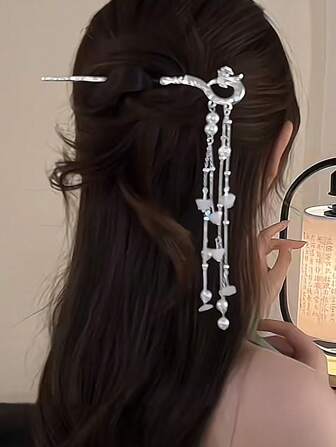 1个优雅复古凤凰尾流苏发夹，别致银色发饰，高端中式风格，适用于汉服和旗袍发髻，可作发髻器、发饰、造型发夹，学生用品，发饰