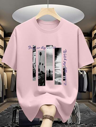 قميص تي شيرت كاجوال للرجال بطبعات، بياقة دائرية وأكمام قصيرة، صيفي