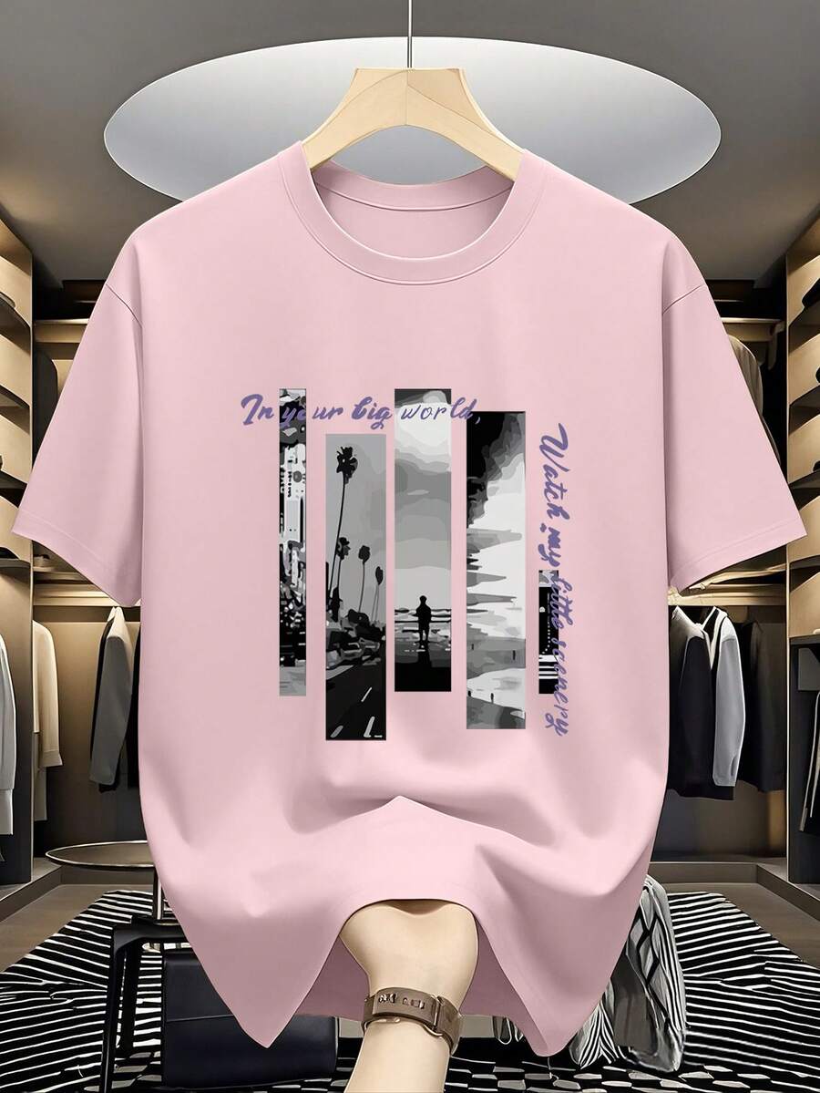 男士时尚百搭风景字母印花圆领短袖休闲T恤，夏季款 - 粉色 - 查看 1