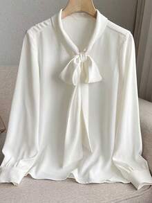 Camisa de mujer, nueva temporada, estilo profesional, camisa blanca de gasa con lazo, manga larga de gasa. - Blanco - Ver 6