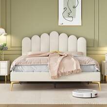 Caluself Cama doble 140 x 200 cm, cama tapizada Bubble Bed con cabecero ajustable, estructura de cama, plataforma con espacio de almacenamiento debajo de la cama, cama juvenil, somier de láminas, terciopelo - Beis - Ver 2
