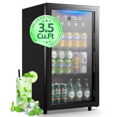 WANAI 3.5 CU.FT. Beverage Fridge 125 Cans  Refrigerator Cooler, Mini Beer Fridge Glass Door For Wine Soda Juice, Small Drink Cooler Machine Clear Front Removable For Home Office Freestanding