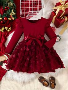 Young Girls' Christmas Ruffle Trim Long Sleeve Patchwork 3D Butterfly Mesh Dress With Belt