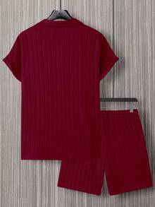 Simple And Elegant Men's Suit With Short-Sleeved Shirt, Short-Sleeved Shirt + Shorts, Fashionable Summer Men's Suit With Lapel, Suitable For Beach Vacations And Leisure At Home. - 酒紅色 - 查看 2