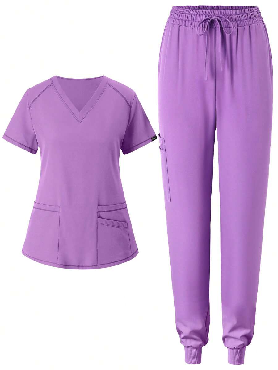 Women's Matte Jogging Compression Sportswear, Nurse/ Uniform, Scrub Top And Pants Set With Pockets, Breathable - Mauve Purple - View 1