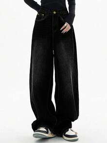 Women's Loose Button Front Wide Leg Plus Size Jeans, Casual And Fashionable-Fall Clothes For Women - Black - View 7