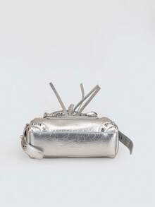 1个闪亮银色拼接铆钉金属流苏拉链装饰复古PU材质腰带可调节双提手设计拉链闭合时尚复古甜美朋克Y2K风格方形手提包，休闲低调奢华女士斜挎包，可装手机、卡包，适合日常、旅行、购物 - 亮銀色 - 查看 11