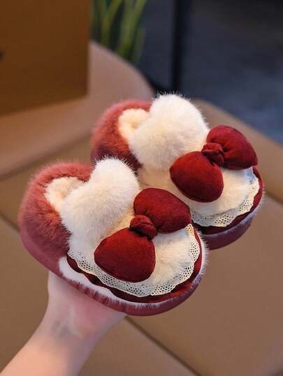 1 Paio di Pantofole Imbottite per Bambini, Nuove Pantofole da Casa Unisex per Bambini per Autunno/Inverno, Interno/Esterno, con Fiocco Decorativo, Suola Morbida Antiscivolo e Calda