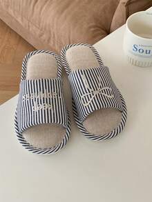 XIXITIAO Damskie, stylowe, pionowe paski z kokardką i wzorem liter, wygodne, oddychające, płaskie buty, lniane kapcie z miękkim dnem i blokami kolorów - Szary - Zobacz 5