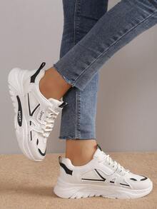 Nuevos zapatos deportivos casuales con cordones, tenis gruesos de suela blanda, zapatos para correr ligeros y antideslizantes - Blanco y Negro - Ver 4