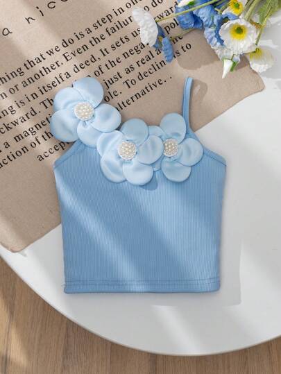 BASUSARRI Girls Sleeveless Strap Tank Top, Elegant Floral Rivet Pearl Decor Versatile For Summer Parties And Outings