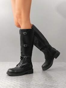 Women's  Black Motorcycle Boots Side Zipper Knee High Boots Square Toe Chunky Low Heel Buckle Decorated Straps Fashion Retro Riding Boots - 黑色 - 查看 9