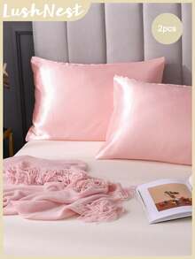 2pcs Satin Solid Color Pillowcase, Soft Pillow Cover With Envelope Closure For Bedroom, Bedding Supplies - Baby Pink - View 1
