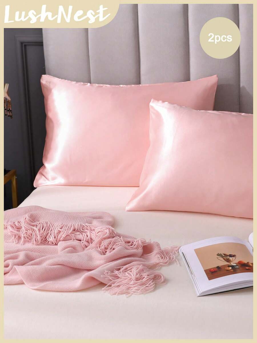 2pcs Satin Solid Color Pillowcase, Soft Pillow Cover With Envelope Closure For Bedroom, Bedding Supplies - Baby Pink - View 1