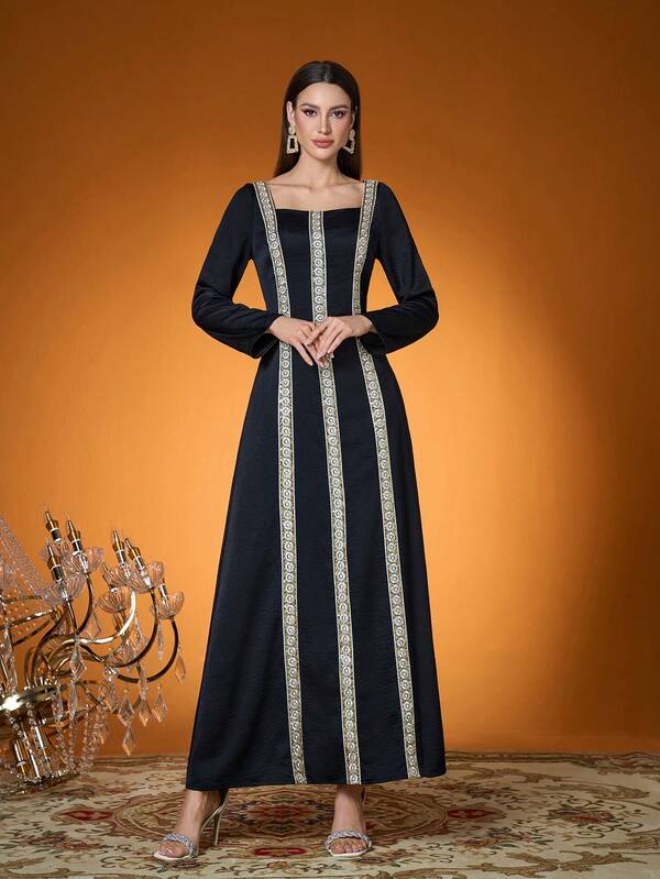 Elegante, Nova Chegada, Senhora, Cor Lisa, Tecido, Técnica de Renda com Miçangas, Vestido Árabe