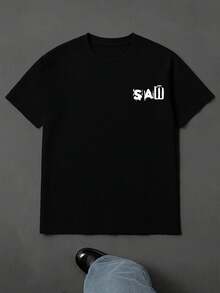 Herren-Saw-Film-Grafik-T-Shirt , Herren-T-Shirt Mit Beidseitigem Aufdruck, Modisch, L?Ssig, Rundhalsausschnitt, 220 G/M2, Reine Baumwolle (1 Stück) - 黑色 - 查看 2