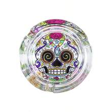 1 pieza Nuevo cenicero redondo de vidrio talla grande vendido, 85 mm de diámetro, con patrón de impresión de calavera y fantasma de colores (patrón aleatorio)