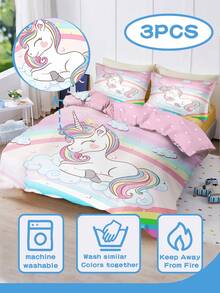 1/3pcs Set, Includes 1 Duvet Cover And 2 Pillow Shams, Duvet Cover Made Of Polyester Fabric, Digital Printed Pattern With Smiling Rainbow Unicorn. Available In Multiple Sizes, Suitable As Holiday Gift For Girls And Children.