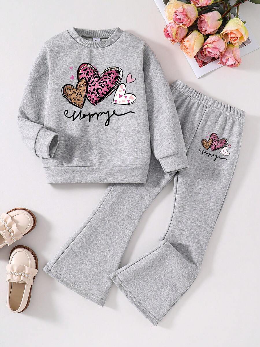Toddler Heart Graphic Print Crew Neck Sweatshirt And Flare Pants Set - Grey - View 1