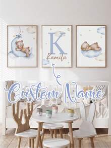 3 件套定制姓名印刷海报，个性化睡熊，蓝云月亮动物印花墙画，儿童房装饰，男孩卧室，生日礼物，无框，旅行收纳 - 藍色 - 查看 2