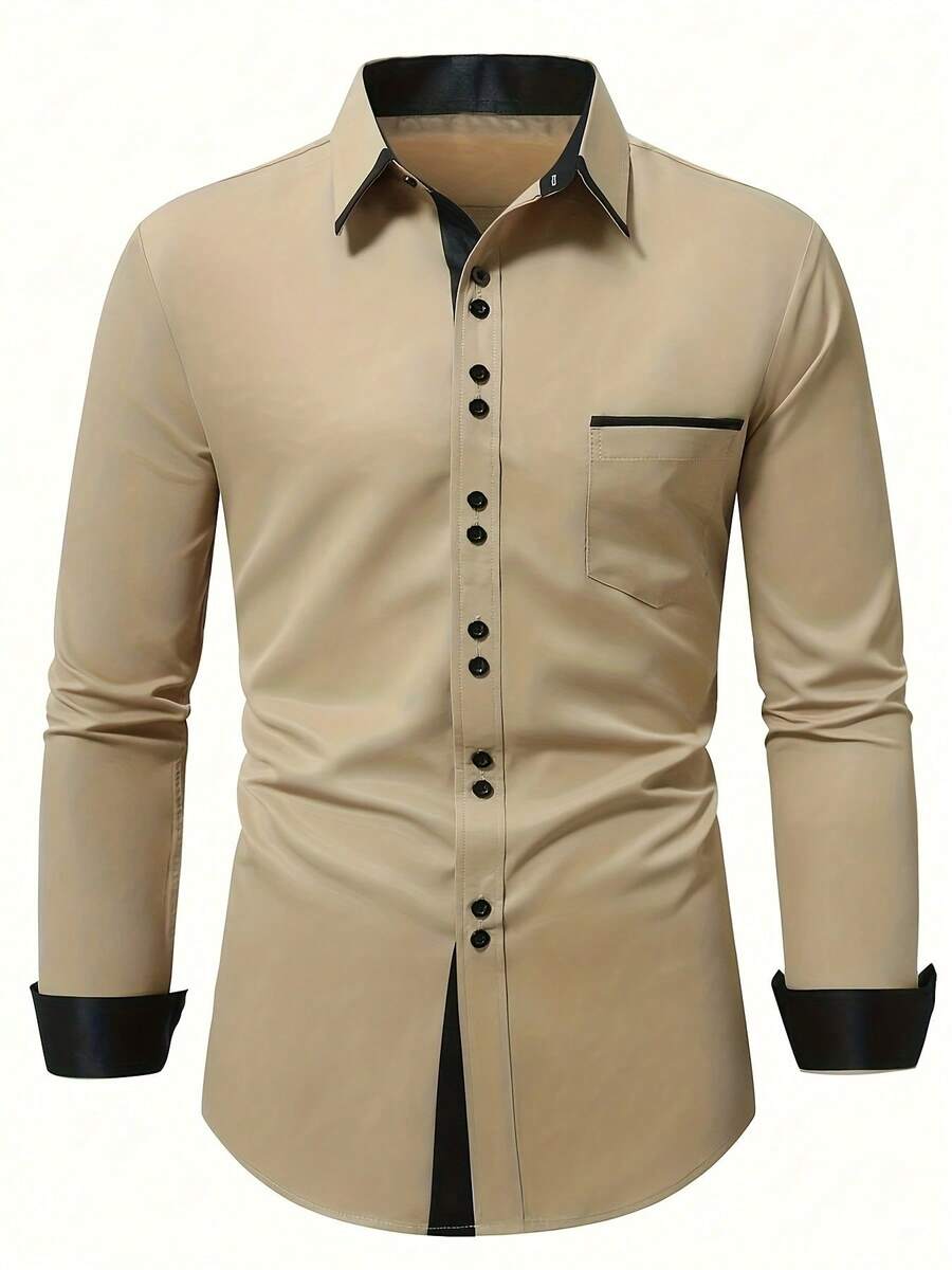 Colorful Patchwork Men's Shirt With Pockets, Buttons, Lapel Collar, Suitable For Everyday Business Casual, Gift For Your Family, Fashionable And Stylish Men's Shirts, Gift For Boyfriend - Xem 1