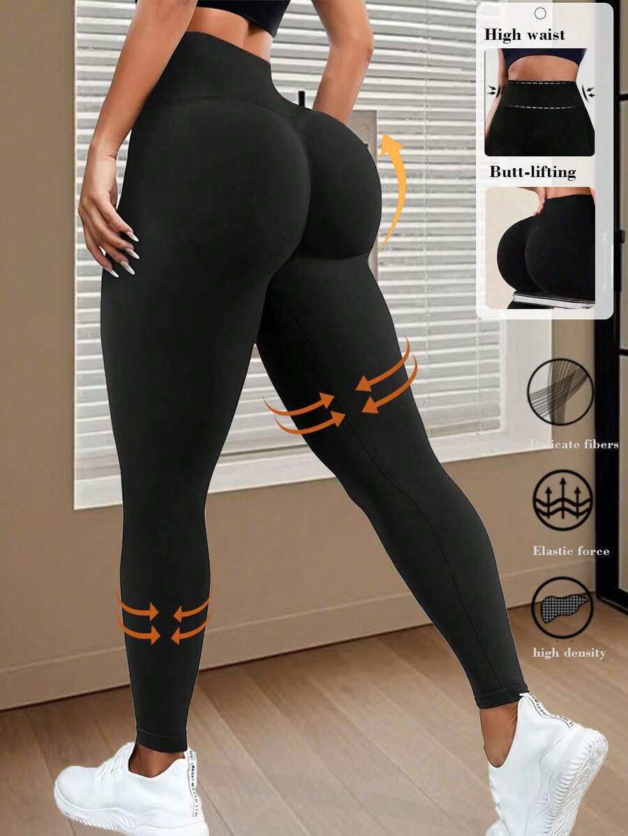 女士高腰黑色瑜伽紧身裤 - 高腰设计，涤纶/氨纶混纺面料，表面光滑，可机洗 - 适合健身和瑜伽，春、夏、秋季穿着 | 不透明面料
