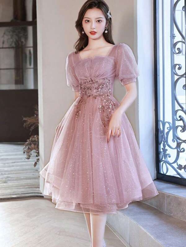 Evening Dresses For Women, Party Dresses, Short Sleeves, Tulle, A-Line, Knee-Length, Long, Recitals, Concerts, Elegant, Beautiful, Formal, After-Parties, Invitations, Parties