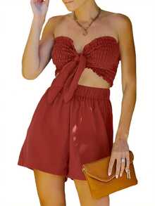 Women's Summer 2-Piece Strapless Short And Wide Leg Shorts Set - Brick Red - View 4