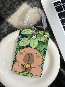 1 pieza Soporte vertical para tarjeta con diseño de personaje de dibujos animados Capi Bara, para tarjeta de campus, tarjeta de autobús, tarjeta de metro, tarjeta de almuerzo, tarjeta de acceso, pequeño protector de tarjeta con cuerda retráctil transparente - casquillos de resorte - Ver 12