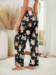Pantalones de pijama personalizados para mujer, retrato de pareja único, intercambio de rostros de pareja e intercambio de rostros de mascotas, temática navideña y festiva - Mercancía de fans de retratos de celebridades - Negro - Ver 2