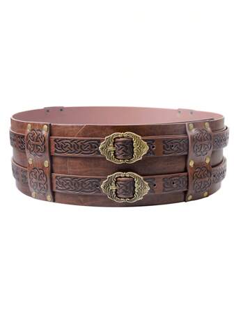 Medieval Viking Adjustable Belt - Wide Thick Faux Leather With Metal Buckle & Norse Knotwork Design For LARP Costume, Renaissance Faire, Hiking Accessories (Brown/Black), Costume Accessory | Decorative Metalwork | Intricate Patterns