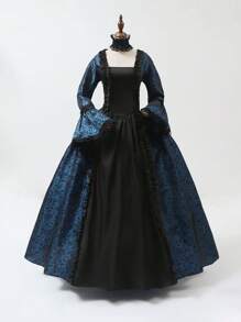 New Vintage Palace Style Printed Long Dress, Victorian Costume Performance Dress Halloween Costumes