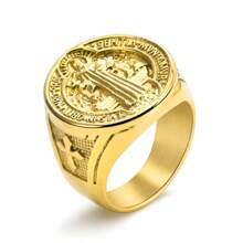 1pc Stainless Steel Saint Benedict Exorcism Cross Pendant, 18K Gold Plated Stainless Steel Ring, Hiphop Jewelry Gift, Daily Wear