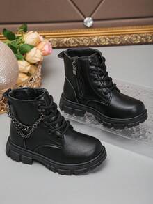 1 双黑色时尚防滑耐磨侧拉链链条纽扣中小童靴 - 黑色 - 查看 5