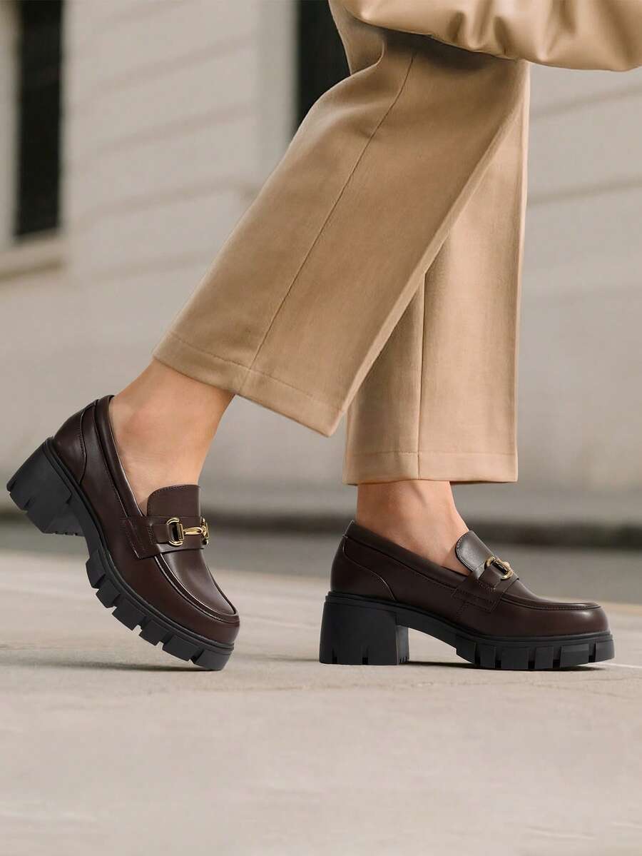 Women Chunky Loafers 2.17-Inch Heel Platform Loafers Pumps Slip On Casual Street Fashion Elegant Versatile Shoes - 棕色 - 查看 1