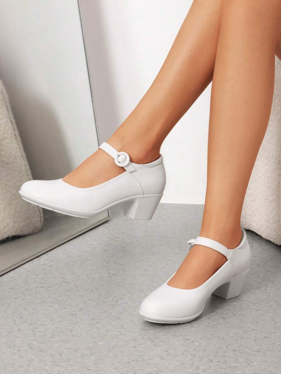 Women's Pumps Low Chunky Mary Jane Heels Closed Round Toe Solid Color Comfortable Dating Work Dress Shoes - 白色 - 查看 1