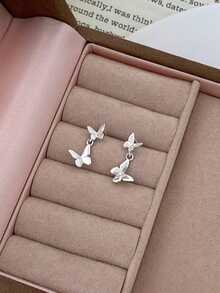 925纯银镀白金蝴蝶流苏耳环，简约小巧耳环，韩式优雅风格，适合有耳洞的女性，防过敏，情人节礼物 - 白金 - 查看 3