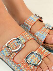 Thick Sole Woven Slip-On Breathable Non-Slip Comfort Slides - FUCHSIA - View 4