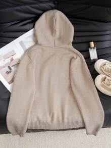 女士宽松拉链连帽卫衣，厚针织卫衣外套，适合秋冬和春季 - 駝色 - 查看 9