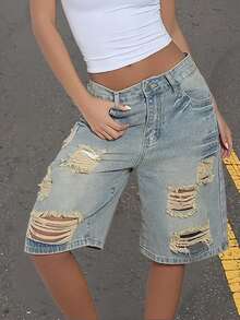 Y2K Distressed Denim Shorts, Casual Straight Leg Shorts With Cat Whiskers, Ripped Hem And Slant Pockets, Suitable For Dates, Parties, Comfortable High Quality, Spring/Summer Bermuda Denim Shorts, Women - Washed Blue - View 6