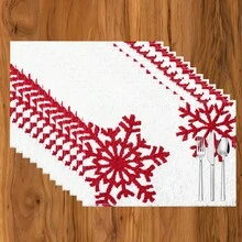 1 pieza/4 piezas/6 piezas Manteles individuales de lino con estampado de copos de nieve y árboles de Navidad, Navidad, regalo de Navidad, decoración navideña, adecuado para mesa de comedor, decoración para todo el año, manteles individuales modernos lavables, decoración de habitación, manteles individuales, posavasos, manteles de mesa de cocina y comedor, decoración de fiesta interior y exterior, decoración del hogar, regalo ideal
